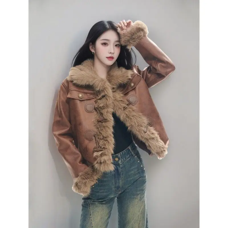 

Suede Fleece Jacket for Women Short Petite Style Outcoat Winter Patchwork Fleece Coat 2025 New All-in-one Fur Motorcycle Parkas