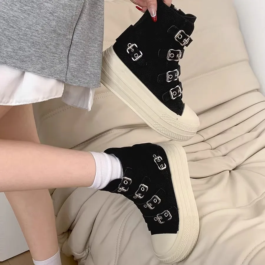 

Женские высокие парусиновые туфли с пряжкой, модная женская обувь на платформе, кроссовки, повседневные женские ботильоны на молнии, новинка 2023 года