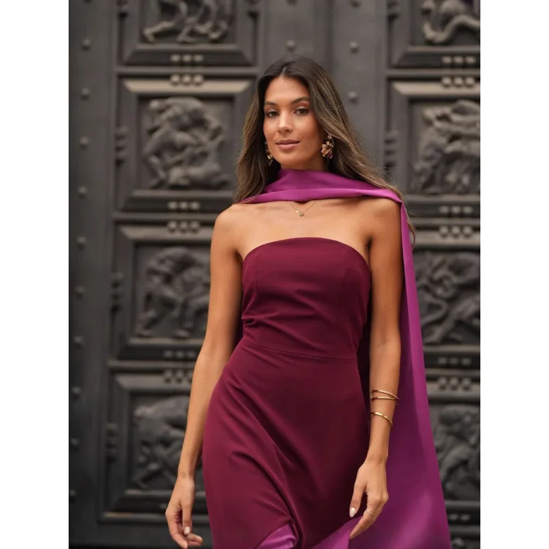 Mode Satijn Gesplitste Sjaal Kraag Skinny Lange Jurk Vrouwen Elegante Backless Mouwloze Strapless Vestido Chic Lady Avondjurken