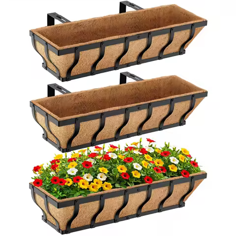 Adjustable Railing Planter Boxes with Coco Liner, Heavy Duty Window Planters for Balcony Deck Patio Gardening (3 Pack)