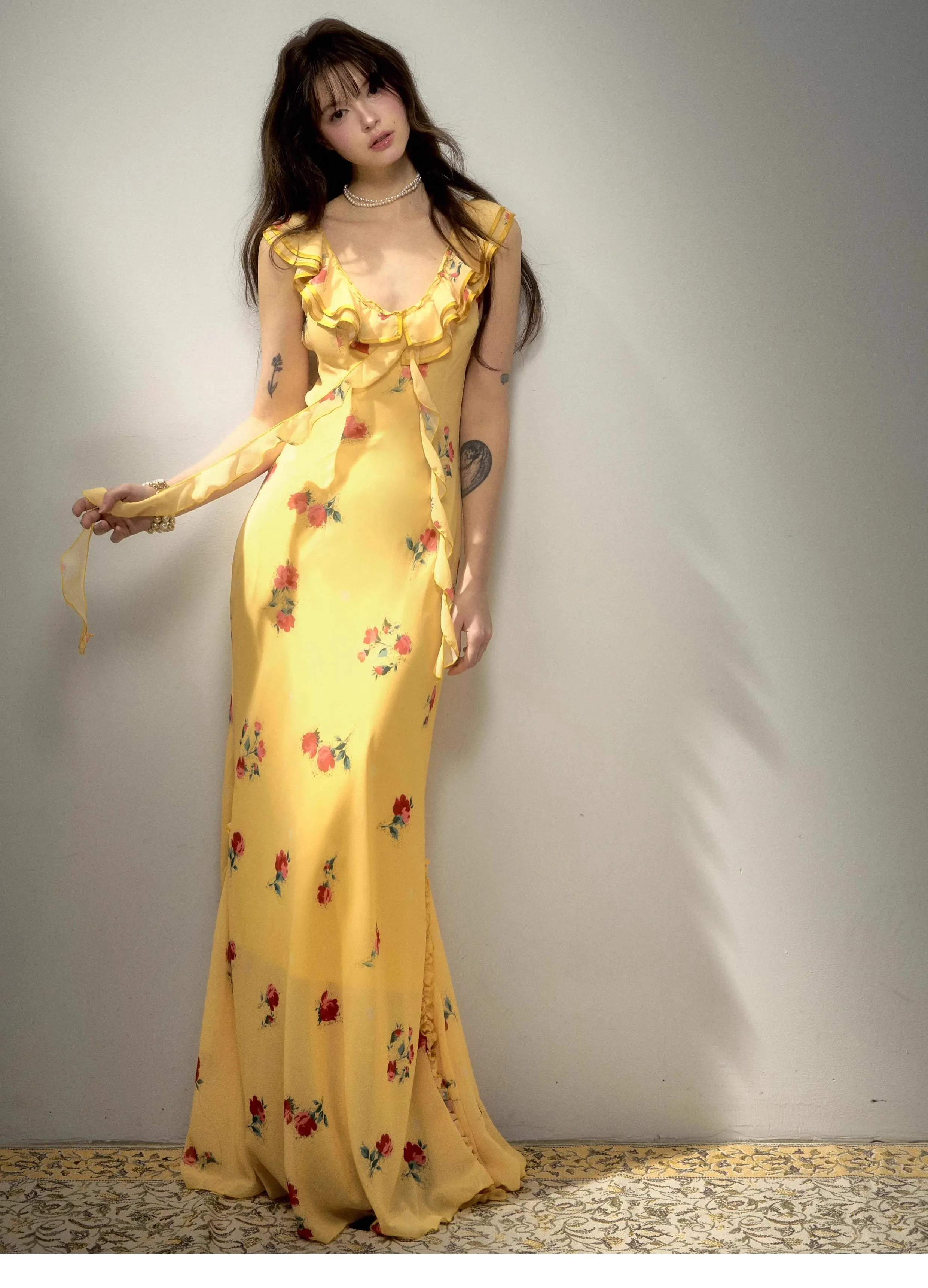 

Evening Rose Edge Dress For Women'S Summer New Elegant V-Neck Strap Slimming Fish Tail Floral Long Dress