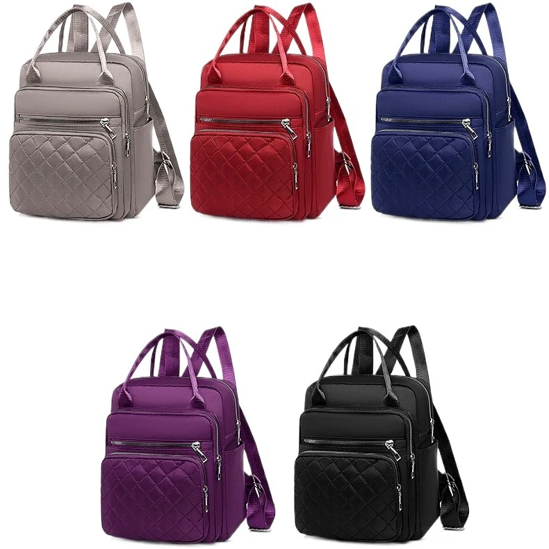 Multi-pocket diamond-patterned women's backpack, waterproof Oxford fabric hand-held large-capacity travel backpack
