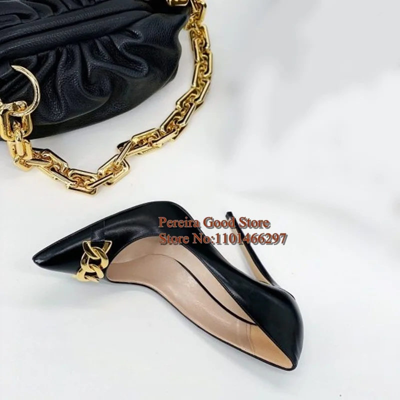 Gold Chain Decor Women Pumps Brown Black Matte Leather 12CM 10CM 8CM Stiletto High Heels Banquet Dress Shoes Size 46