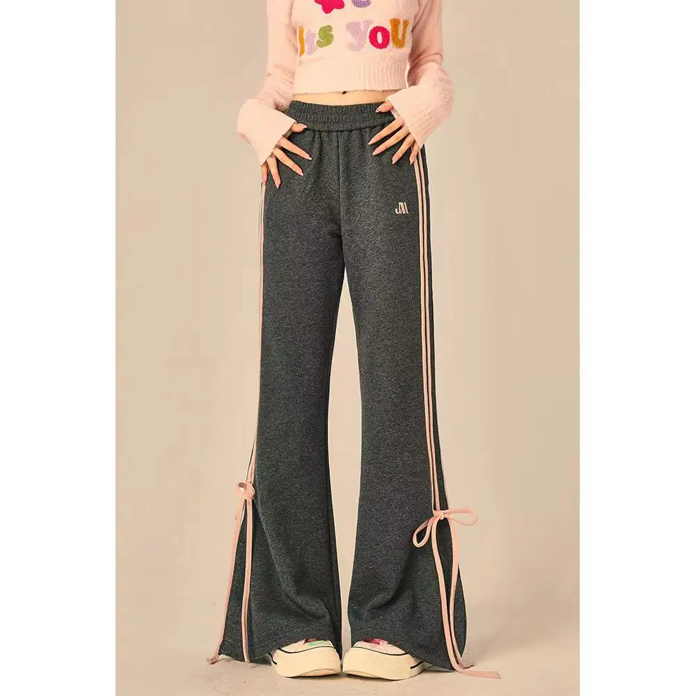 Autumn Winter Sweet Contrast Stripe Wide Leg Flare Pant Slim Lace Up Sports Warm All-Match Casual Trend Elastic Waist Trousers