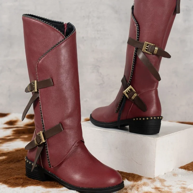 Botas meio-calcanhar com fivela de cinto para mulheres, botas de estilo cavaleiro, aumento de temperamento, novas para primavera e outono