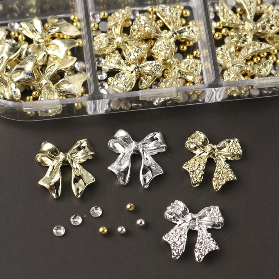 6-Gürtel, goldene, silbrige Metallschleife, Knoten und Stern, Nageldekoration, niedliche Schleife, Punk-Stern mit kleinem Stahlkugel-Design, DIY-Nageldekoration – Detail 5