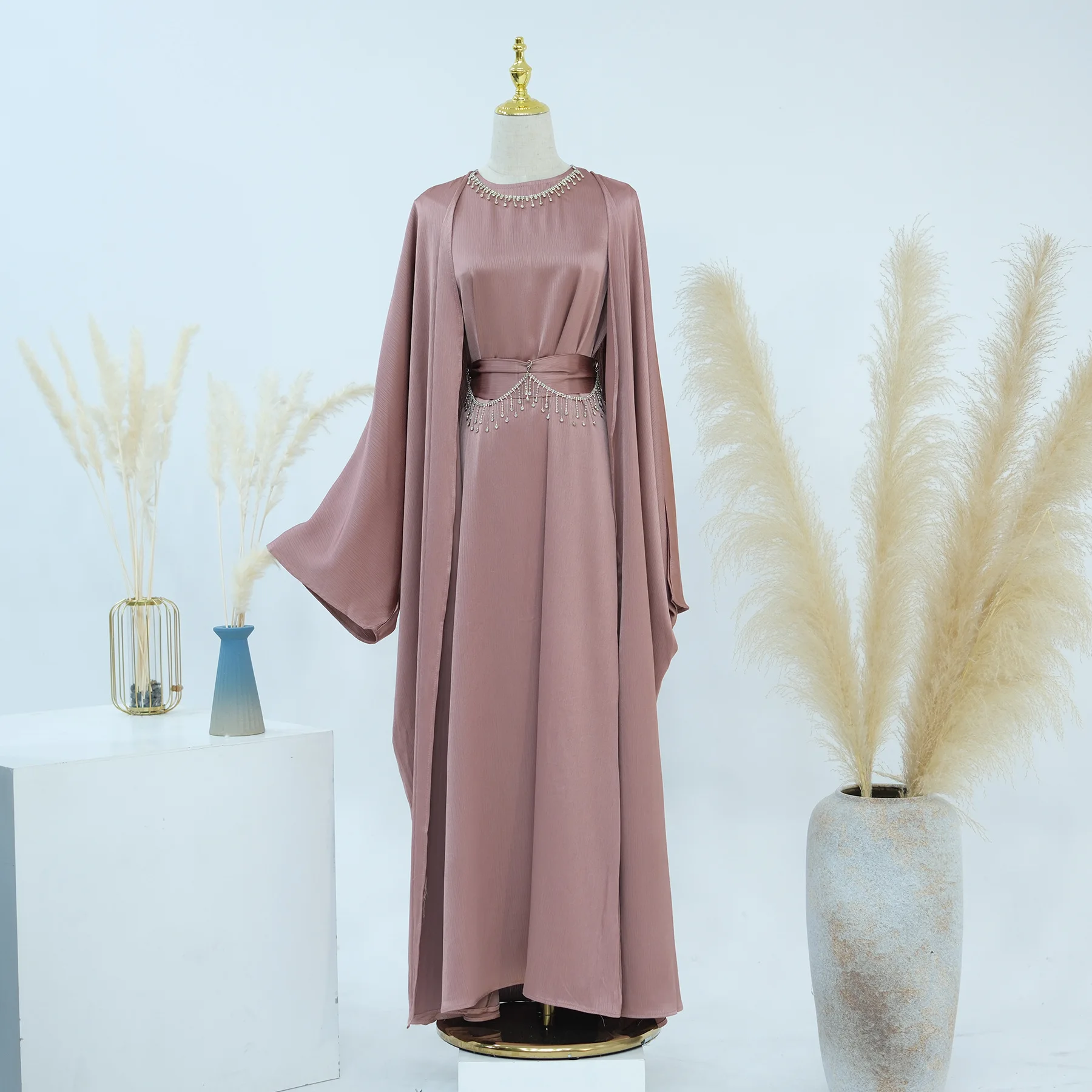 Eid Ramadan Women Open Abaya Kaftan Dubai Turkey 2 Piece Muslim Set Luxury Islam Robe Dress Kimono Morocco Clothing Caftan Gown