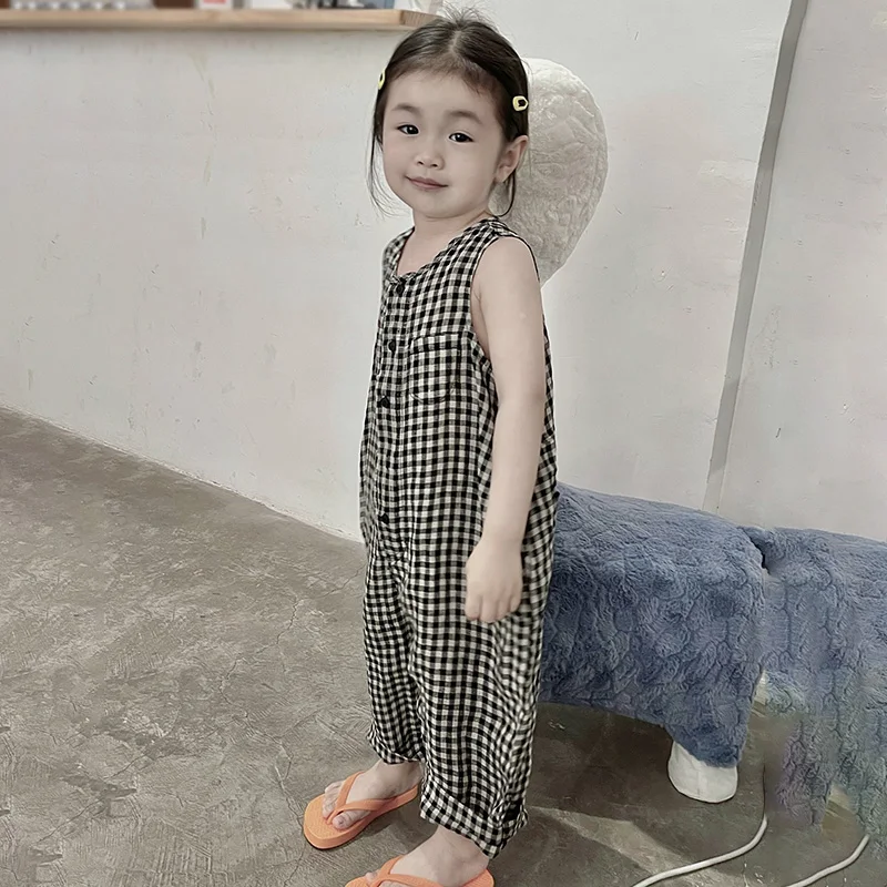 Girls Casual Black and White Plaid Suspender Jumpsuit Summer Fashion Round Neck Overalls loose Long Pants Children\'s Clothing