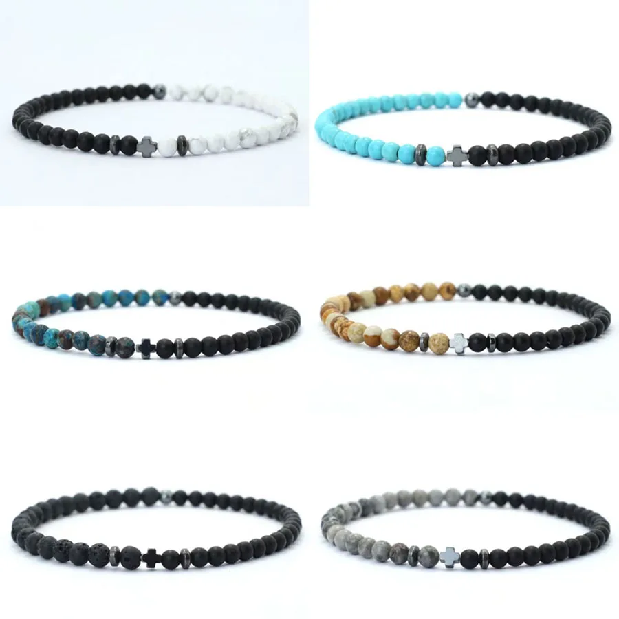 Bicolor Natural Stone 4mm Beads Bracelet Men Hematite Cross Elastic String Onyx Turquoise Fossil Handmade Beaded Braclet Joias