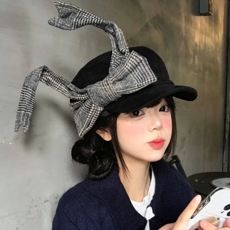 Nischen-Koreanische dreidimensionale Karomuster-Bow-Beret-Mütze, Herbst- und Winter-Modell, personalisierte, warme, literarische Malermütze im britischen Stil für Damen – Detail 3
