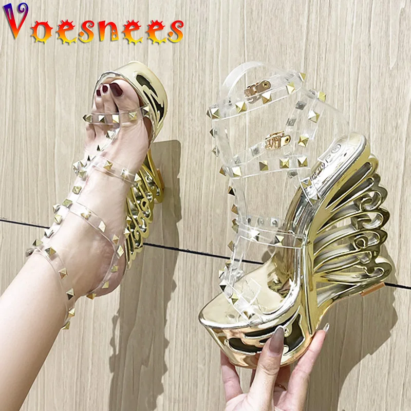 New Summer 2022 Rivet Shoes Non-Slip Women's Hollow Out Wedge High Heel Pumps Fashion Transparent Design Nightclub Sexy Sandals