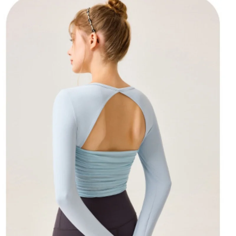 

Новая модная футболка с фиксированной чашкой, сексуальная футболка с длинными рукавами и открытой спиной, эластичные дышащие топы для спорта на открытом воздухе, бега, фитнеса, тренажерного зала