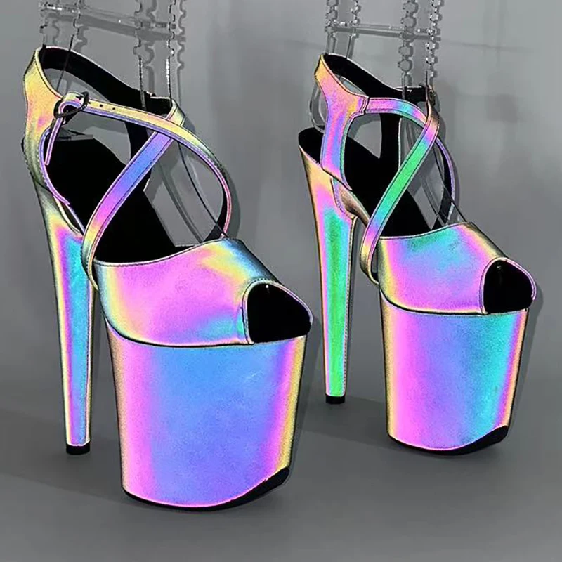 Leecabe 8Inch/20cm Night light Holographic Reflective Platform Sandals party High Heels Shoes Pole Dancing Shoes