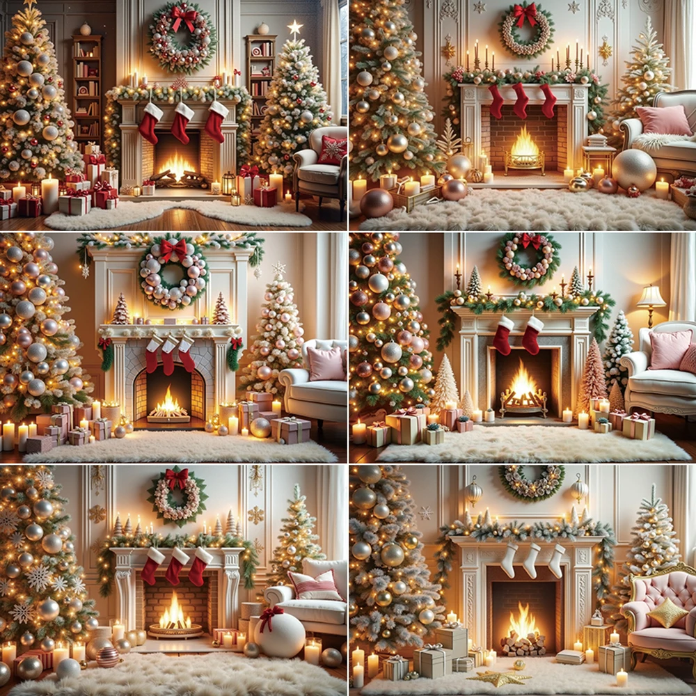 

MOON.QG Christmas Balls Trees Photography Background Home Decoration Gold Fireplace Photocall Backdrop Children Studio Supplies