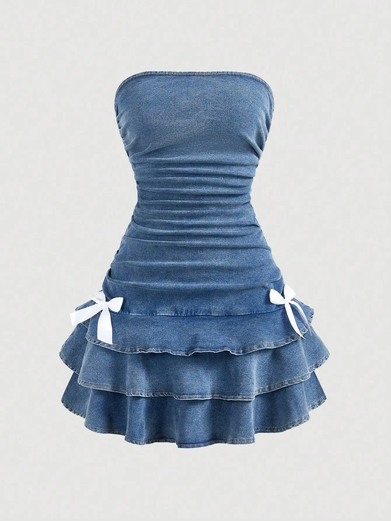 

Women's Denim Tube Dress with Ruffle Hem and Bowknot Detail