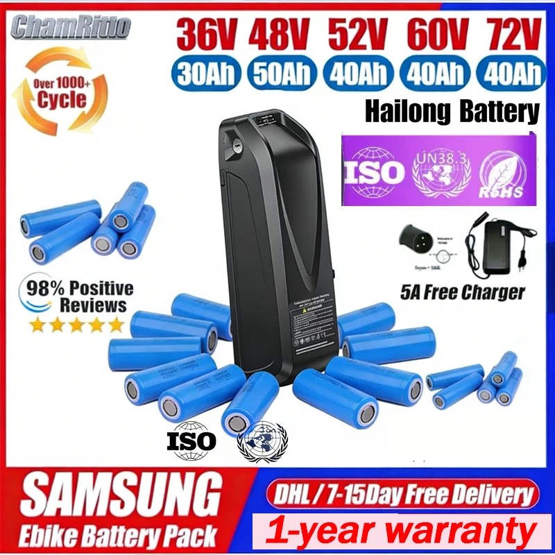 

E bike Battery 36V 48V52V20 30 40ah 50ah 60ah Electric Bicycle Bike Batteria Hailong 18650 Cells 60v72v Bafang 750w 2000w 3000w