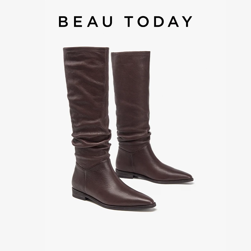 BEAUTODAY Long Boots Women Genuine Sheepskin Leather Pointed Toe Slip-on Knee High Boots Pleated Ladies Shoes Handmade 01253