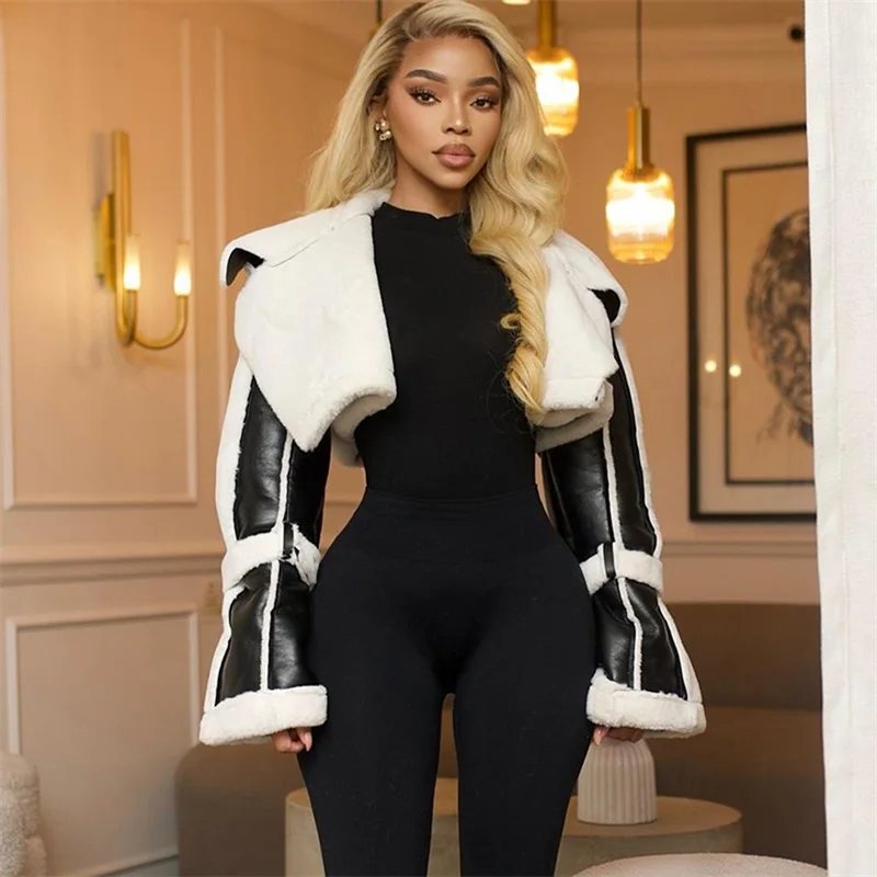 Pu レザー女性コート暖かい冬カジュアルデイリーフォーマルフルスリーブ結婚式のゲストショートジャケットホリデービーチ衣装