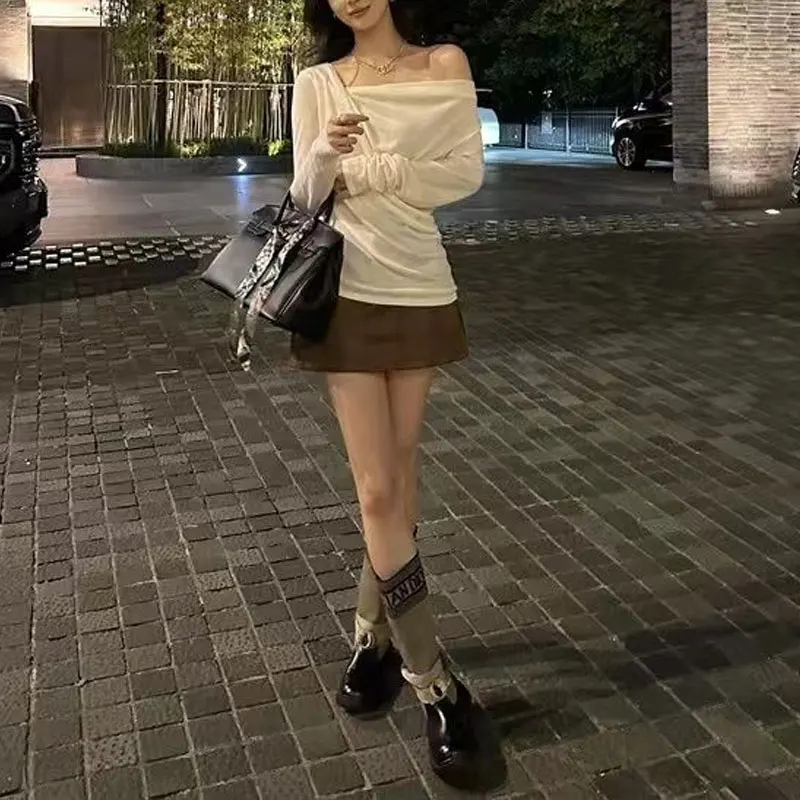 Stylish Folds Asymmetrical Pullovers Female Clothing Solid Color Spring Autumn Long Sleeve Aura Off Shoulder Elegant T-shirts