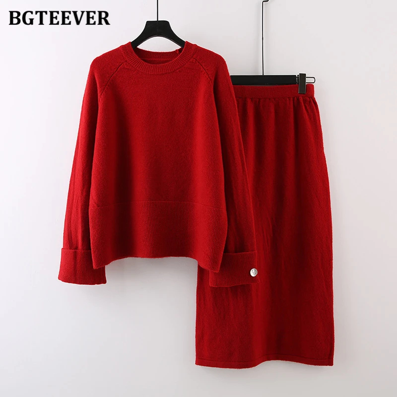 BGTEEVER Autumn Elegant Knitted Skirts Suit Women\'s O-neck Sweater Tops Ladies Straight Skirt Women Two-piece Sets Winter