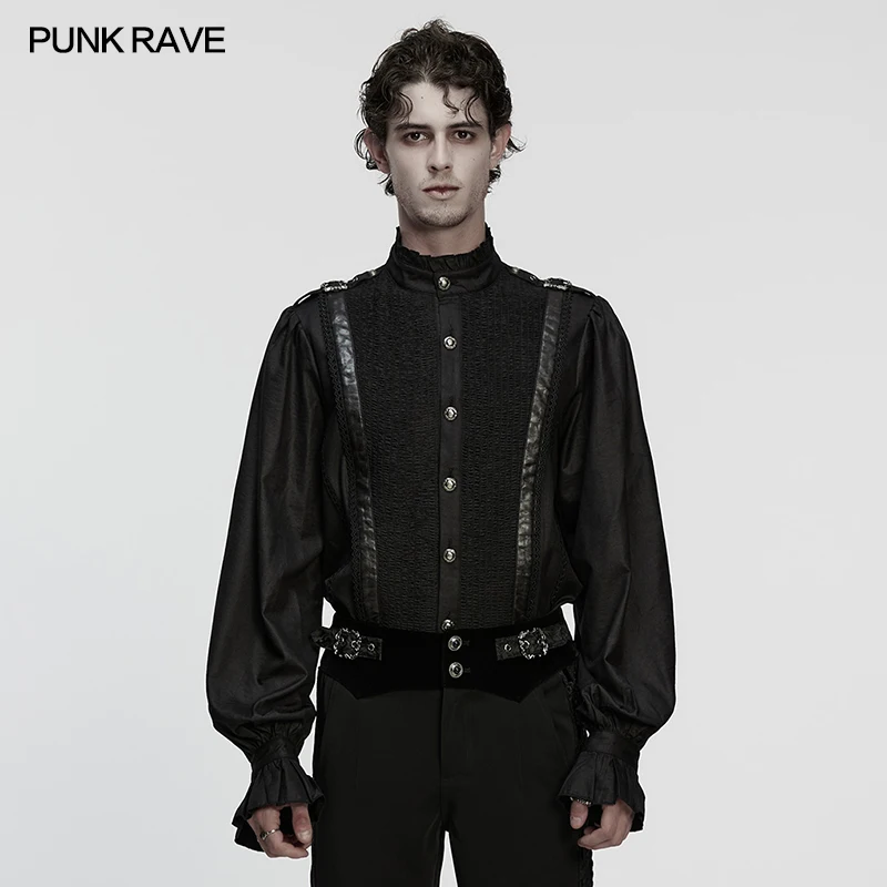 PUNK RAVE Men's Gothic Stand Up Collar Ruffled Edges Bubble Sleeve Pleats Shirt Court Gentleman Party Club Tops Blouses