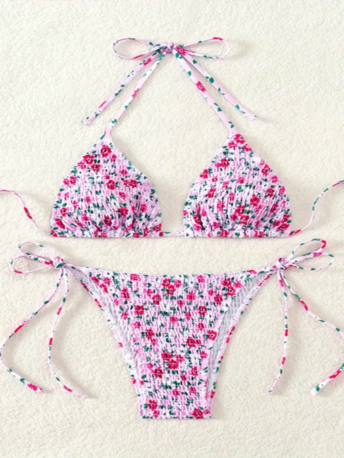 Flower Print 2-piece Swimsuit for Women Triangle Bra Suspender Backless Bikini Set Low Waist Thong Beach Vacation Swimwear 2024