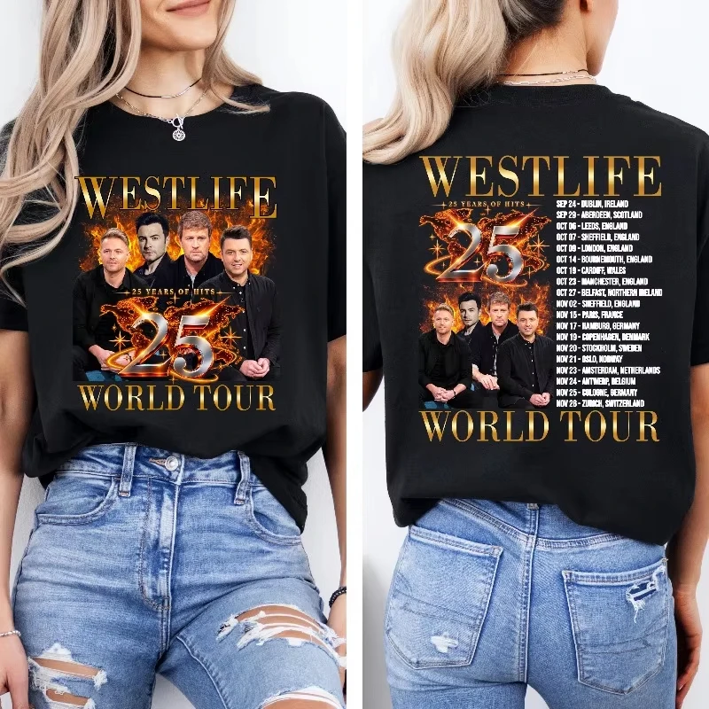 Westlife 25 Years Of Hits World Tour Double Sided T Shirt Band Portrait Print Cotton Pop Fan Concert Short Sleeve Crew Neck Tee