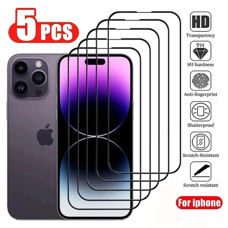 5PCS 100D Full Cover Protective Glass For IPhone 15 11 X XR XS MAX 6 7 8 Plus Screen Protector On iPhone 13 12 Mini 14 Pro Glass