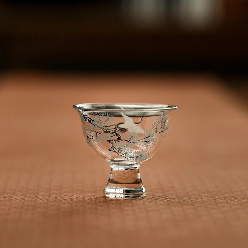 Tea Talk Pine and Crane Cup Glass Small Teacup Kung Fu Teaware Household Guest Cup Heat-resistant Glass Tea Tasting Drinking Cup
