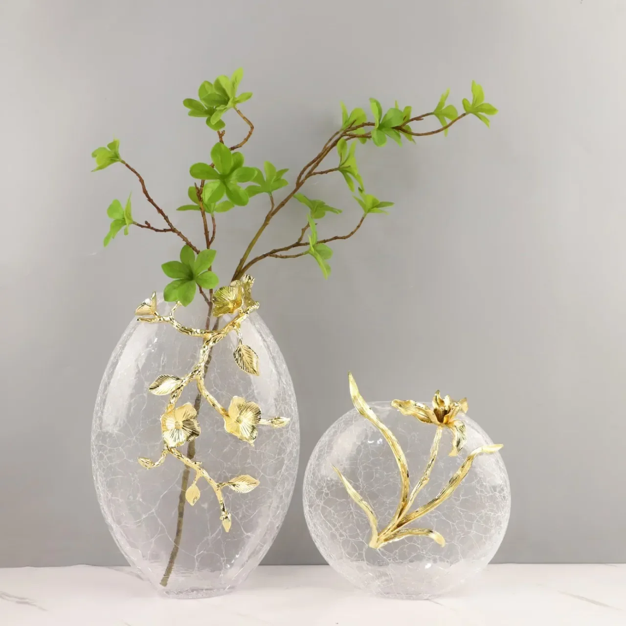 Glass Vase Crack Round Glass Vase Golden Embossed Flower Hydroponic Accessories Terrarium Home Decoration Accessories