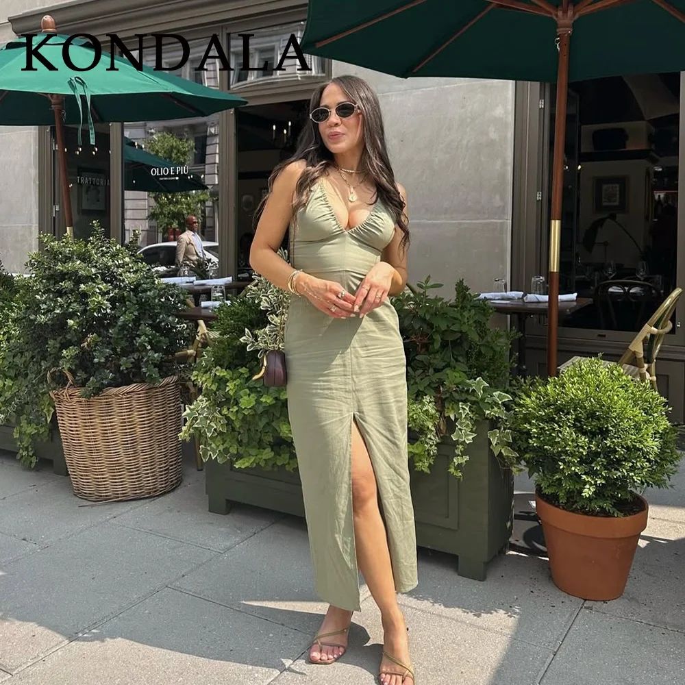 KONDALA 2025 فساتين كامي نسائية مثيرة لربيع وصيف موضة أنيقة بدون ظهر ورقبة على شكل V على طراز الشاطئ فساتين كامي أنيقة متينة للسيدات #1