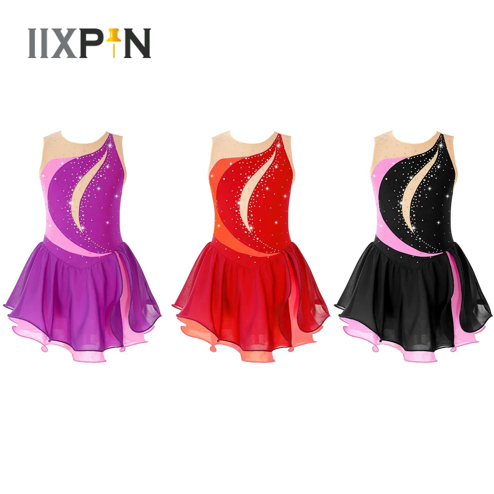 

Ballet Dress Kids Girls Sleeveless Shiny Rhinestone Ruffle Chiffon Figure Skating Dance Dress Gymnastics Performance Dancewear