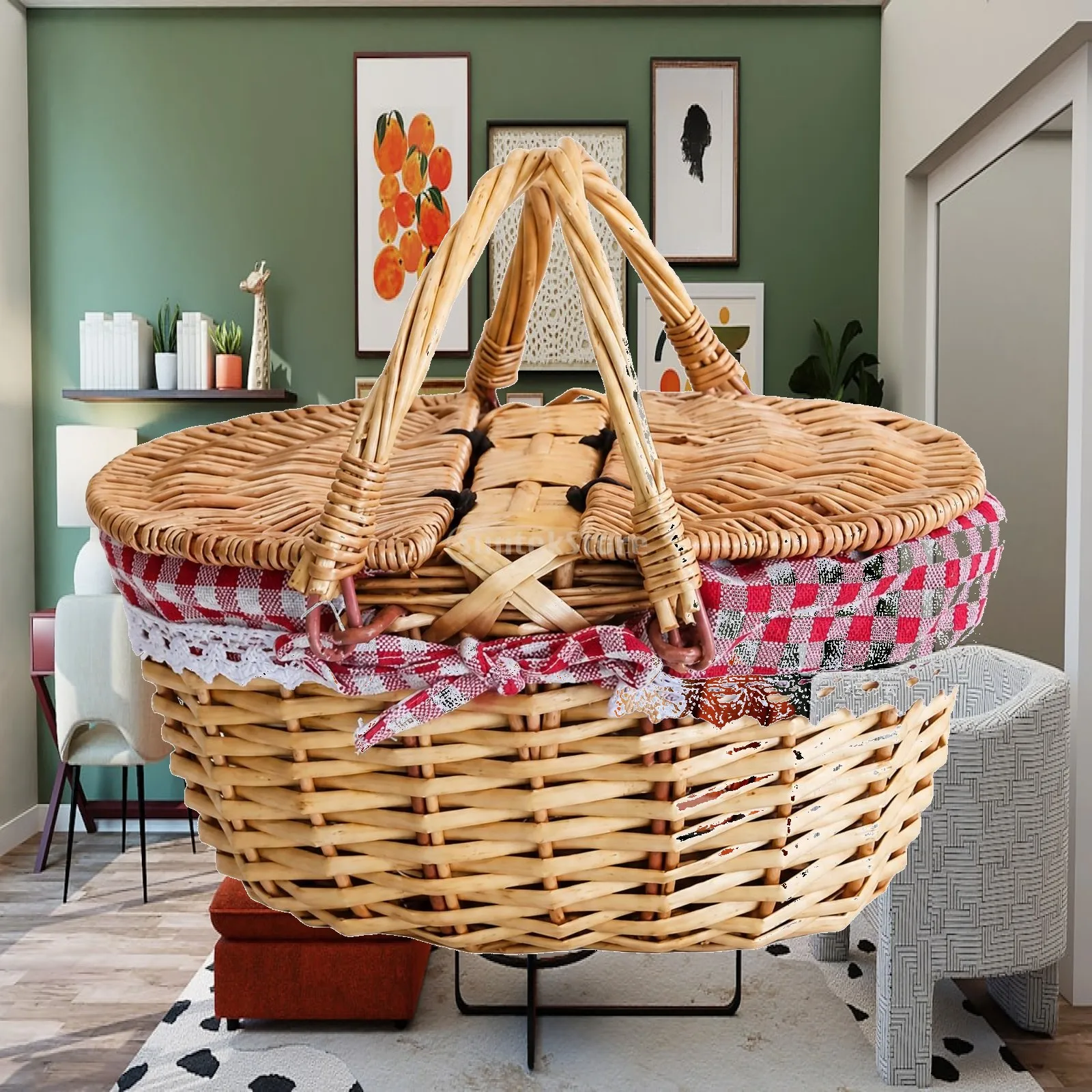 Oval Hand-Woven Wicker Basket Lightweight Wicker Basket with Hinged Lid Portable for Dining Area