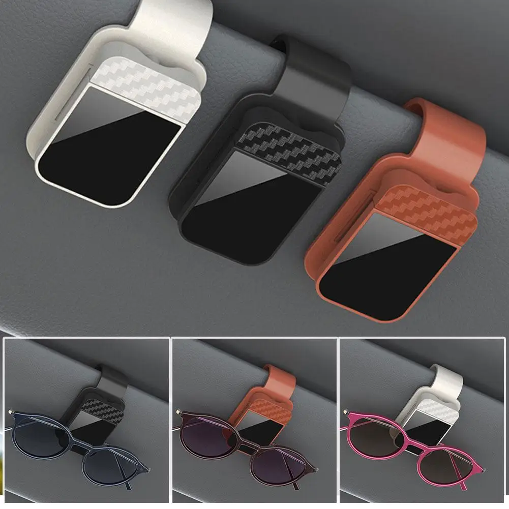 Car Sun Visor Glasses Holder Press Open 1Hand AntiScratch Compact Universal Fit Clip-On Organizer Carbon Fiber Black Beige Brown