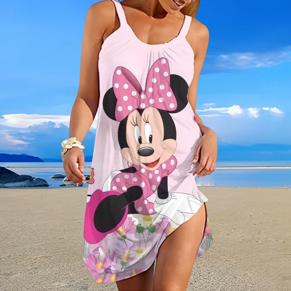 Vestido de playa con estampado de animación de Disney para mujer, falda con tirantes y cuello redondo, diseño único, informal y cómodo, para verano