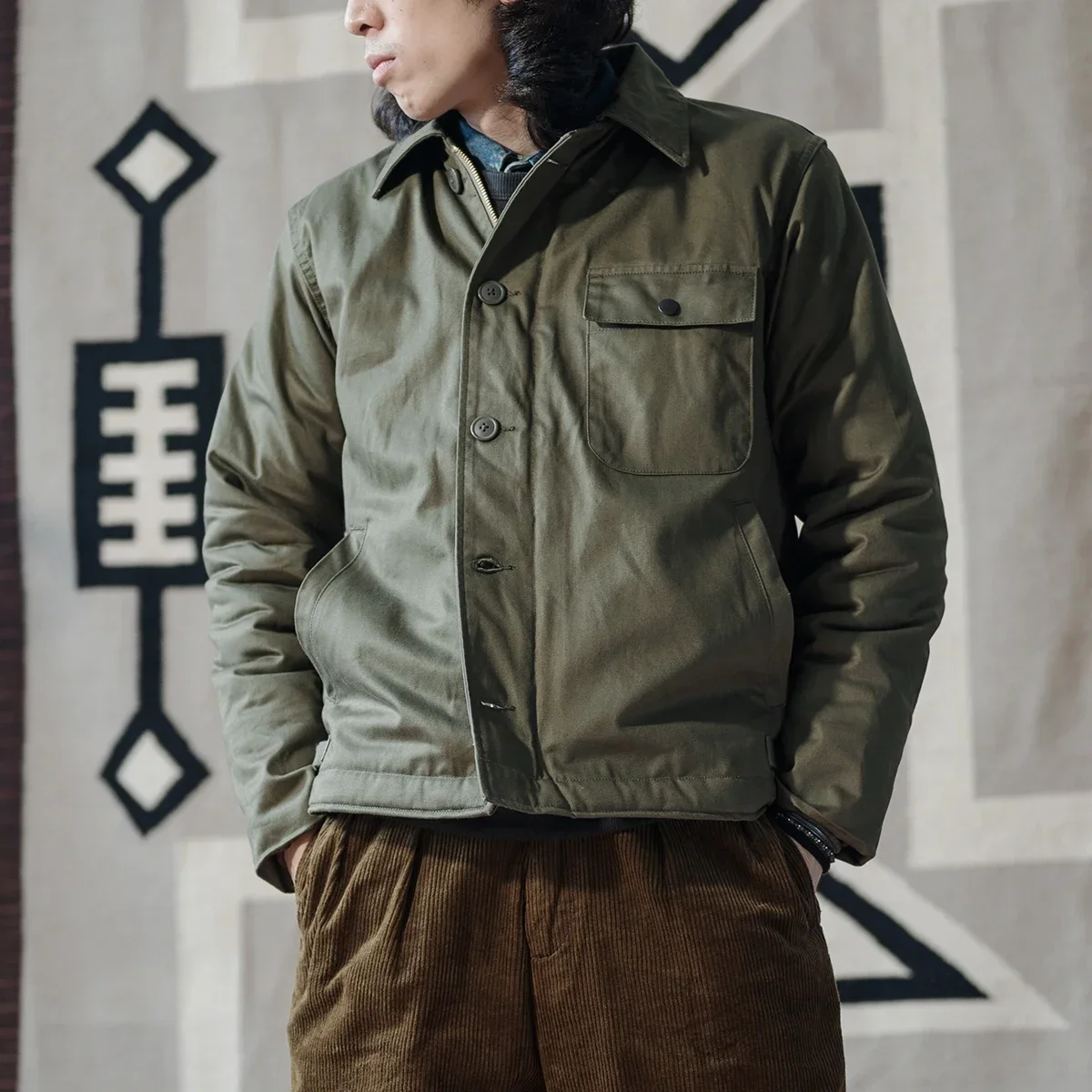 Non Stock USN A-2 Deck Jacket Vintage Workwear Sherpa Lining Field Coat Army Green