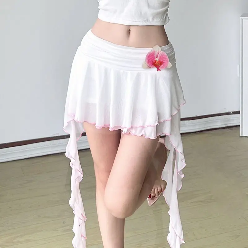 French Three-dimensional Rose Ruffled Mesh Irregular Streamer Skirt