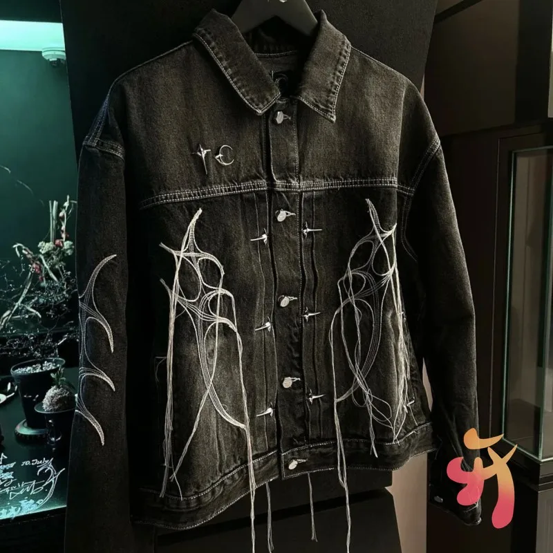 

24ss Fashion Street Cleanfit Thug Club Jacket Metal Stars Moons Logo Embroidered Tassel Pocket Black Denim Coats Men Women