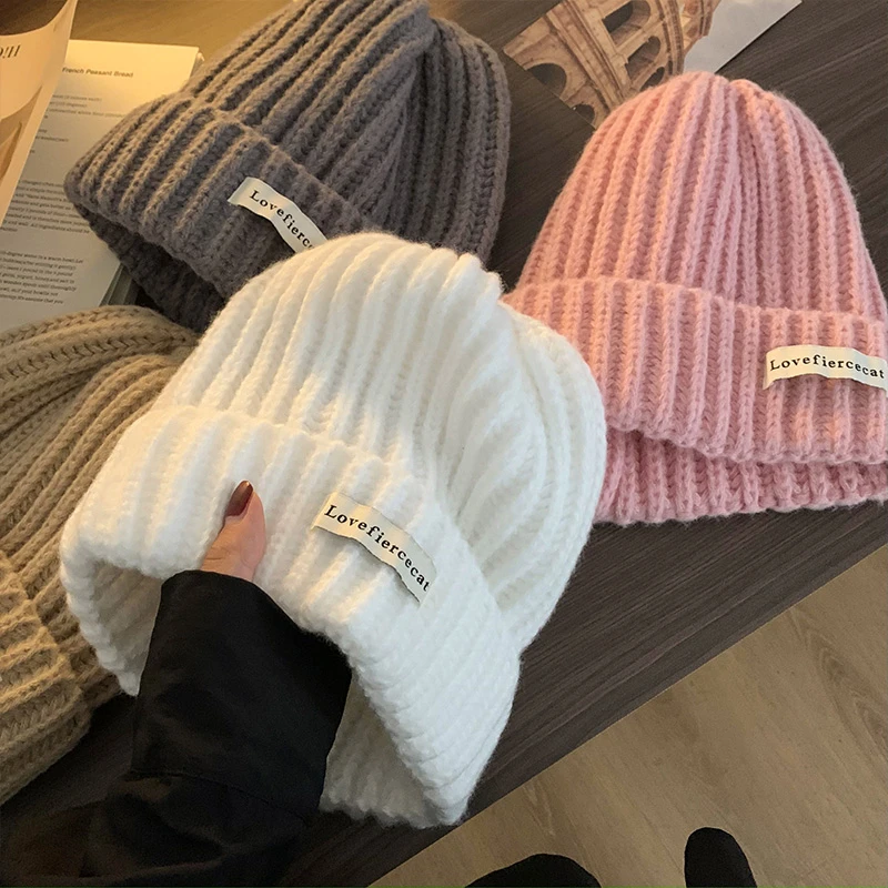 Solid Color Knitted Hat For Women Ear Protection Skullies Cap Unisex Winter Warm Beanies Fashion Thicken Woolen Crochet Bonnet