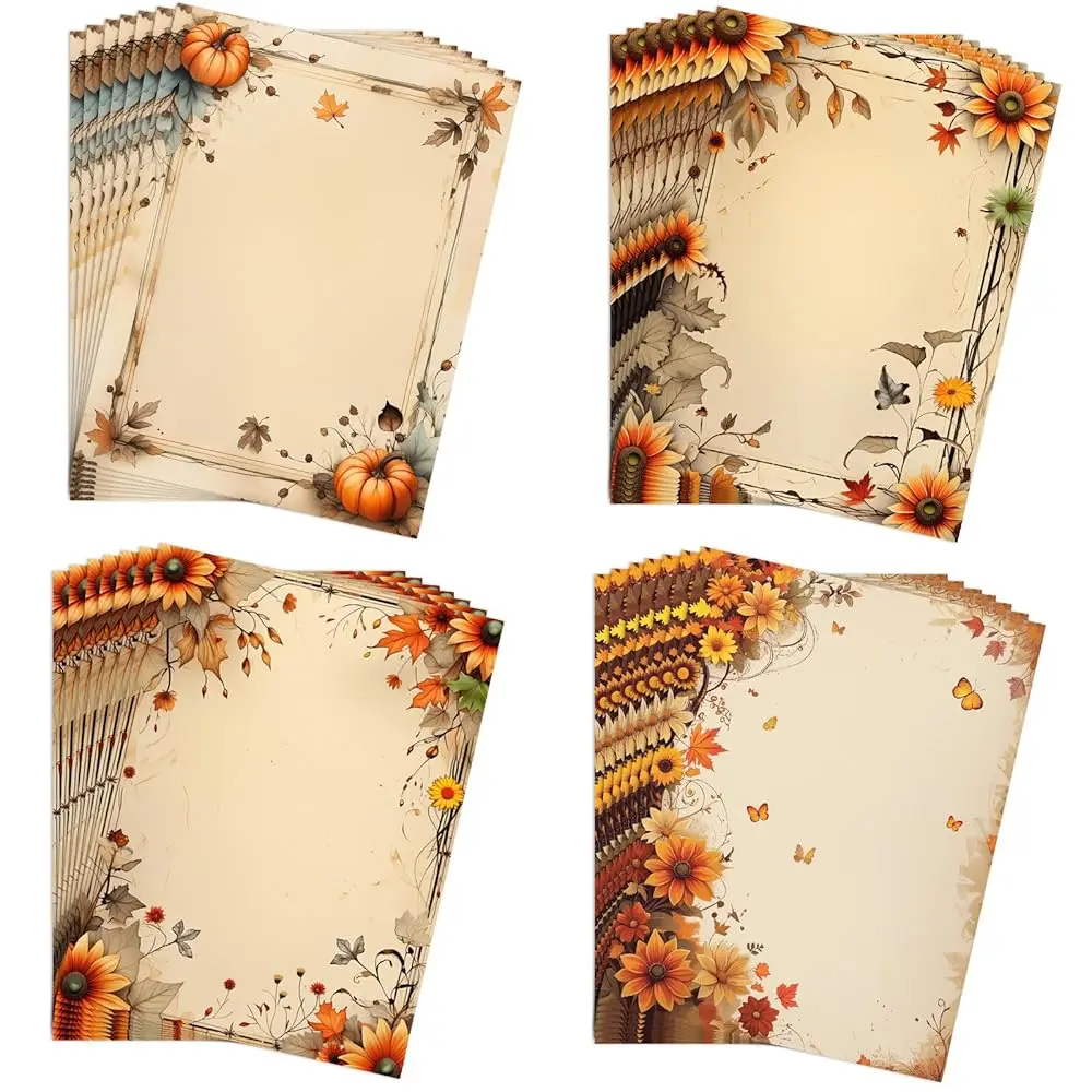 

100 Pcs Fall Stationery Paper, Autumu Computer Writing Paper, 4 Design Maple Leaf Border Letterhead for Invitations, Gifts,Ho