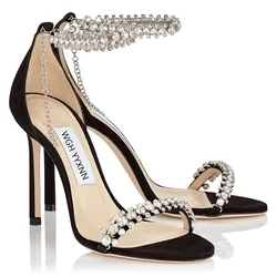 Summer new one-piece sandals, women's open toed leather rhinestone black versatile fashion high heels, women's slim heels