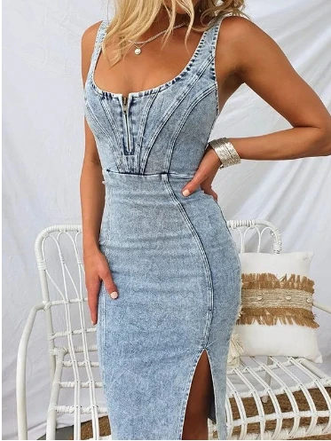 

Fashion New Dress Short Sleeved U-Shaped Camisole Denim Dress Elegant Dress for Women Quick Delivery of Spot Goods