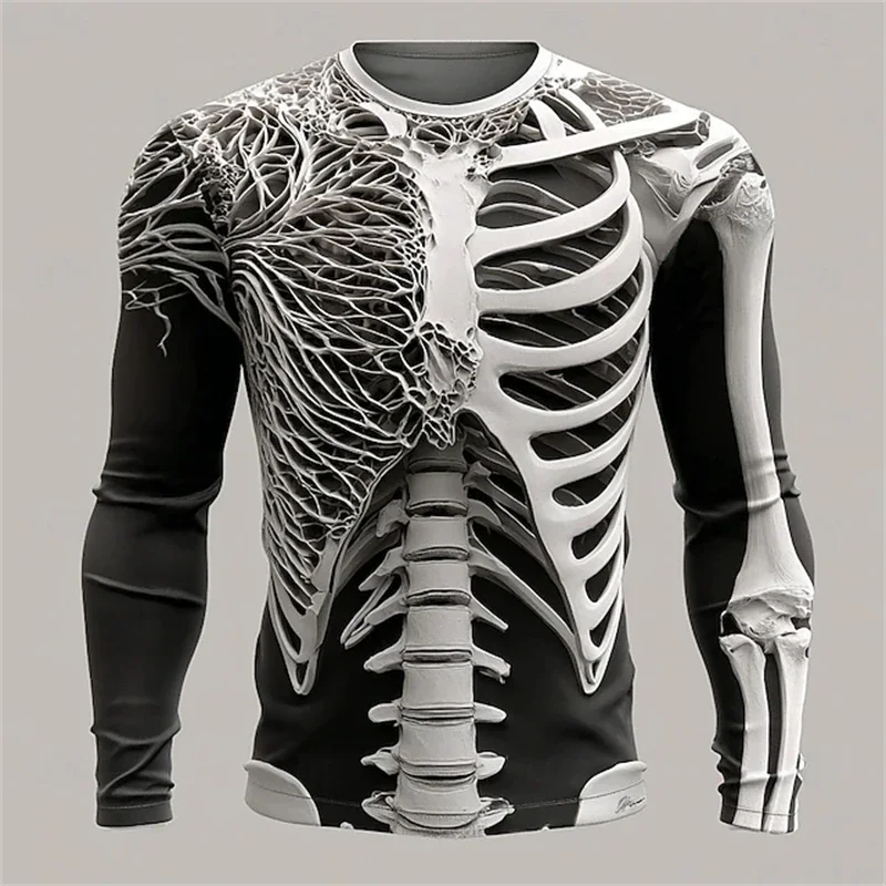 New Mens Autumn Skull-printed Long-sleeved T-shirt  Youth Gothic Fashion Streetwear Unisex Party Cosplay Plus-Size T-shirt