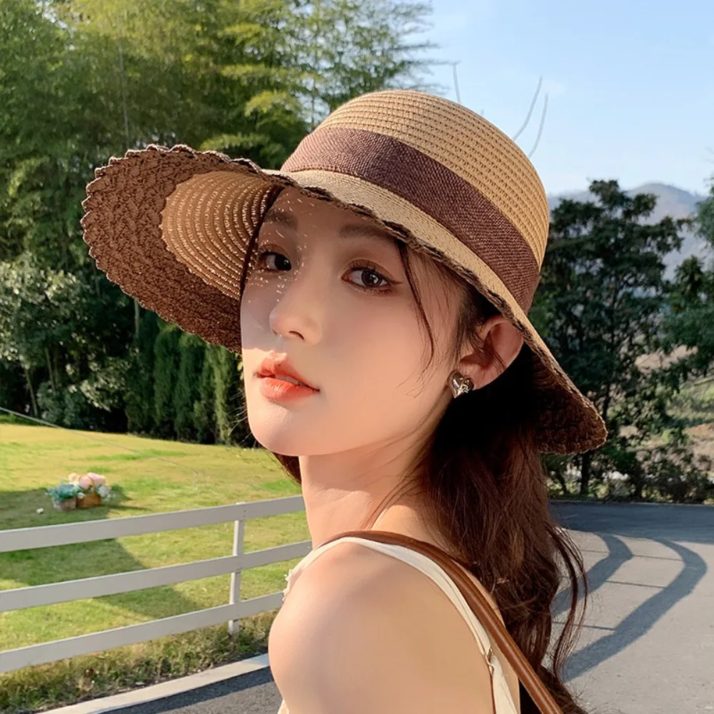 

Equestrian Hat Portable Straw Weaving Beach Hat Hollow Out Breathable Bow Fisherman Cap Thin Foldable Bucket Hat Travel