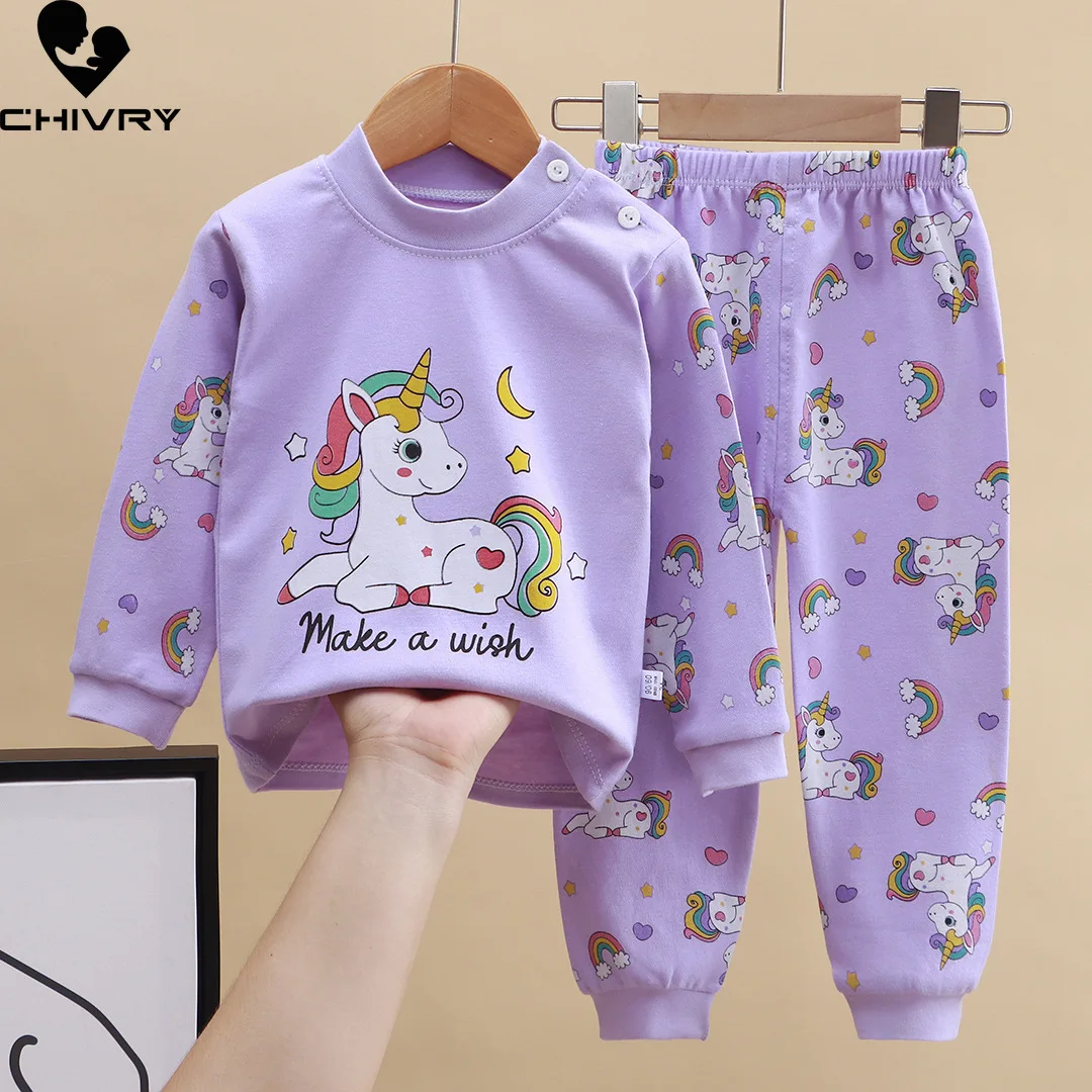 

New Kids Autumn Pure Cotton Pajamas Sets Boys Girls Cute Cartoon Long Sleeve T-Shirt Tops with Pants Toddler Baby Sleepwear