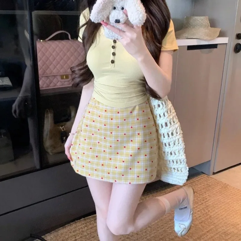 

Vintage Plaid Printed Korean A-Line Mini Skirts Women's Clothing High Waist Spring Summer Elegant Stylish Bag Hip Short Skirts