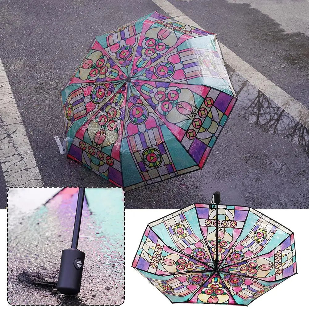 Creative Automatic Umbrella Three-fold Transparent Unique Colorful Glass Pattern Long Handle Ultra-large Lightweight Umbrella