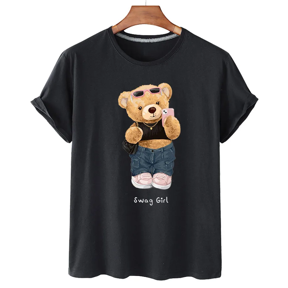 100% Cotton Photo Bear Print T-shirt Women's Summer Short Sleeve T-shirt 2022 Women's Fashion Shirt Unisex O-Neck T-shirt S-4XL