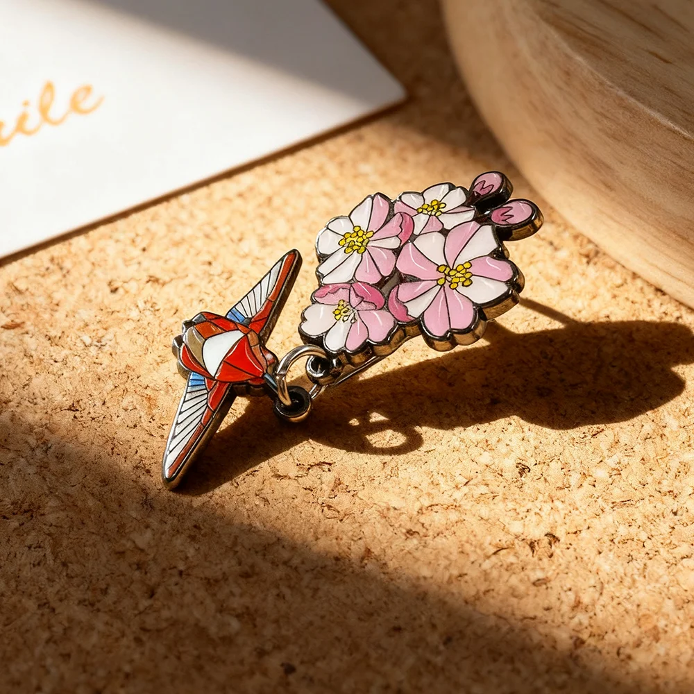 Cherry Blossom and Hummingbird Pendant Enamel Brooch Stained Glass Style Japanese Floral Theme Lapel Pin Clothing Accessory Gift