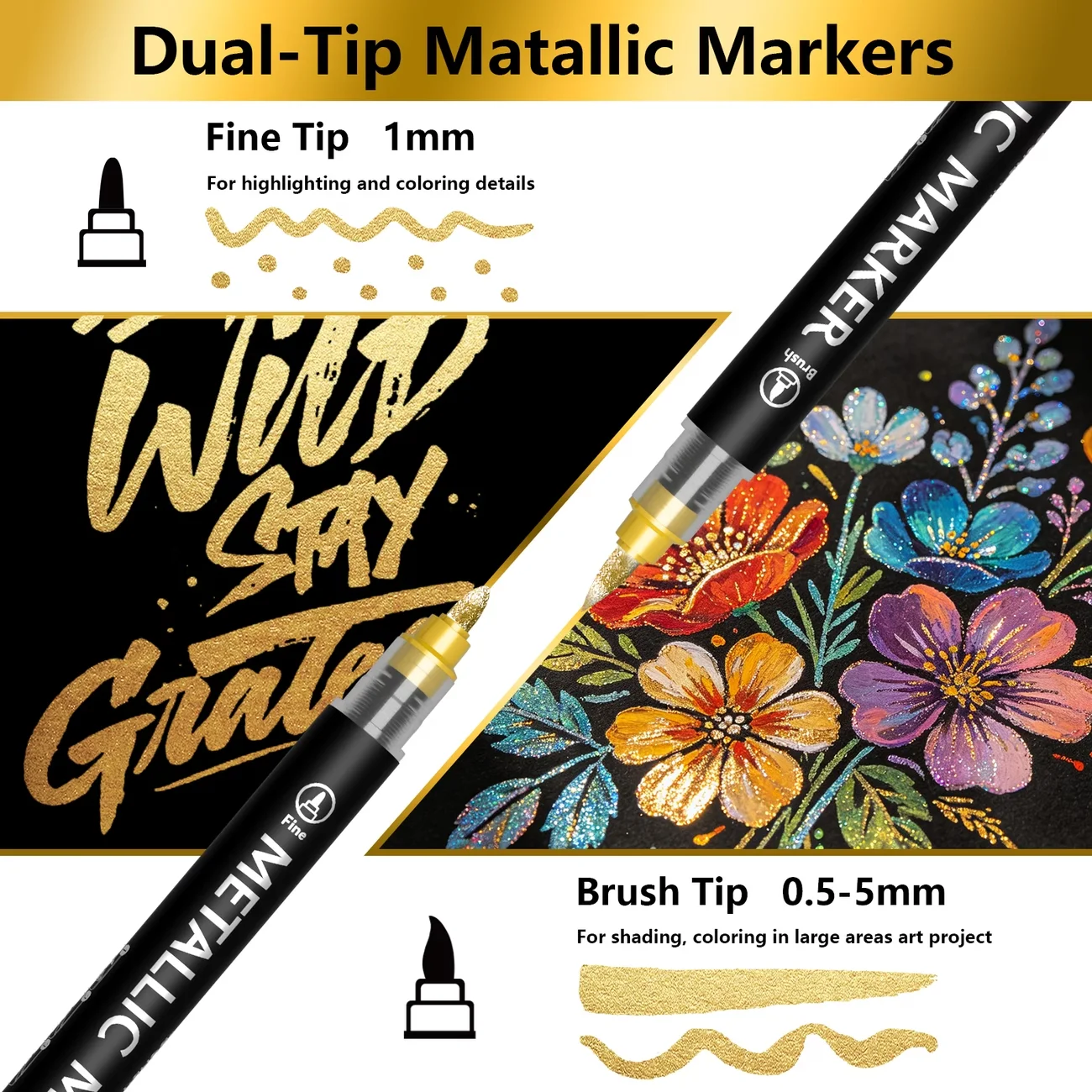 Flysea 12/24 Color Metallic Acrylic Paint Markers, Dual Tip Paint Pens with 1mm Fine Tip & 0.5-5mm Brush Tip, No Pump Required, Water-Based Art Markers for Rock Painting, Ceramic, Canvas, Wood, Glass & DIY Crafts